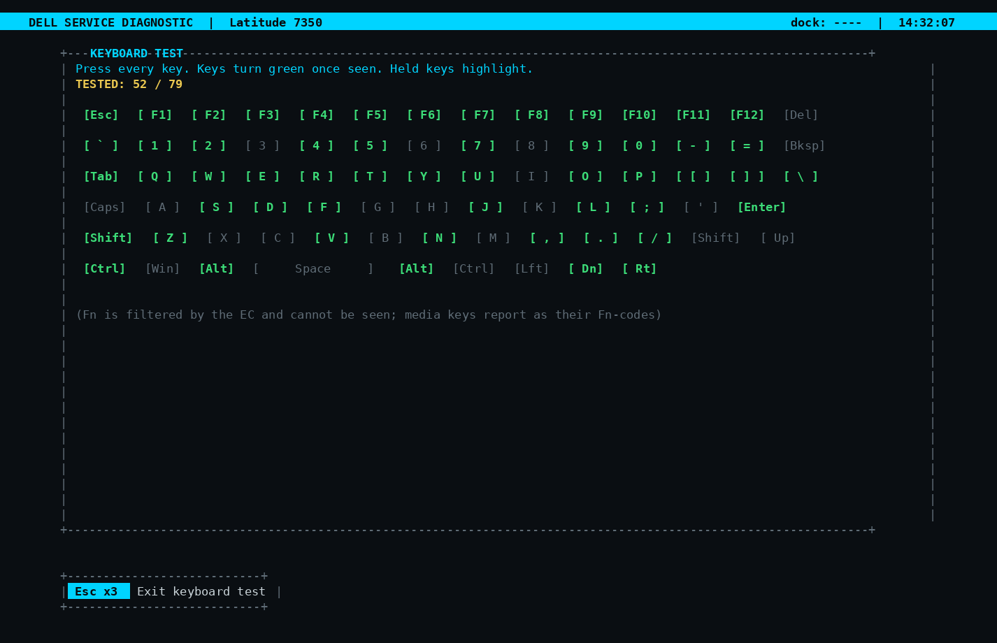 Keyboard test screen with keys lighting up as pressed